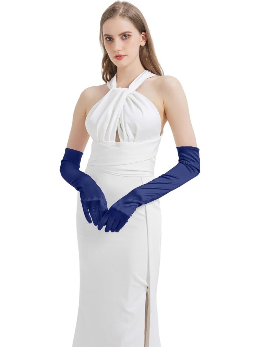 Women's Navy Blue Satin Opera Elbow Length 1920s Flapper Long Gloves Party - Picture 3 of 7